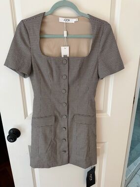 ASTR Black/Brown Houndstooth Square-Neck Blazer Mini Dress